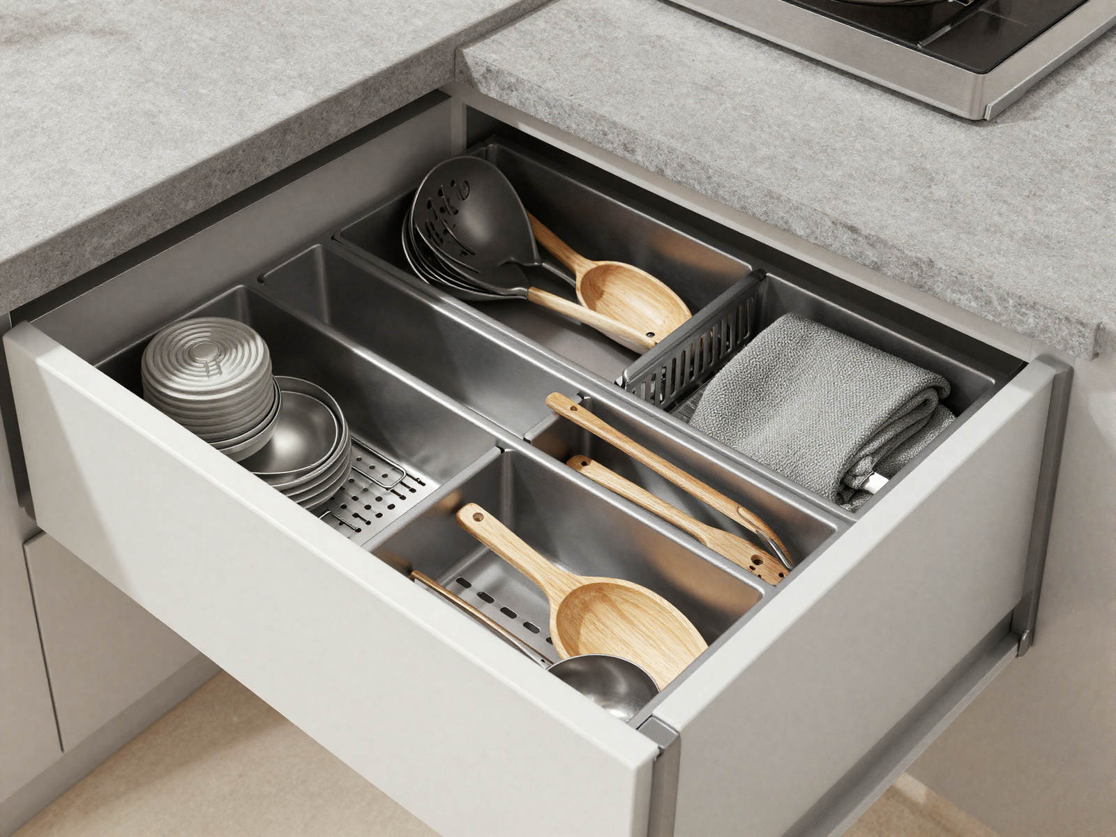 Deep kitchen drawer with custom dividers organizing utensils