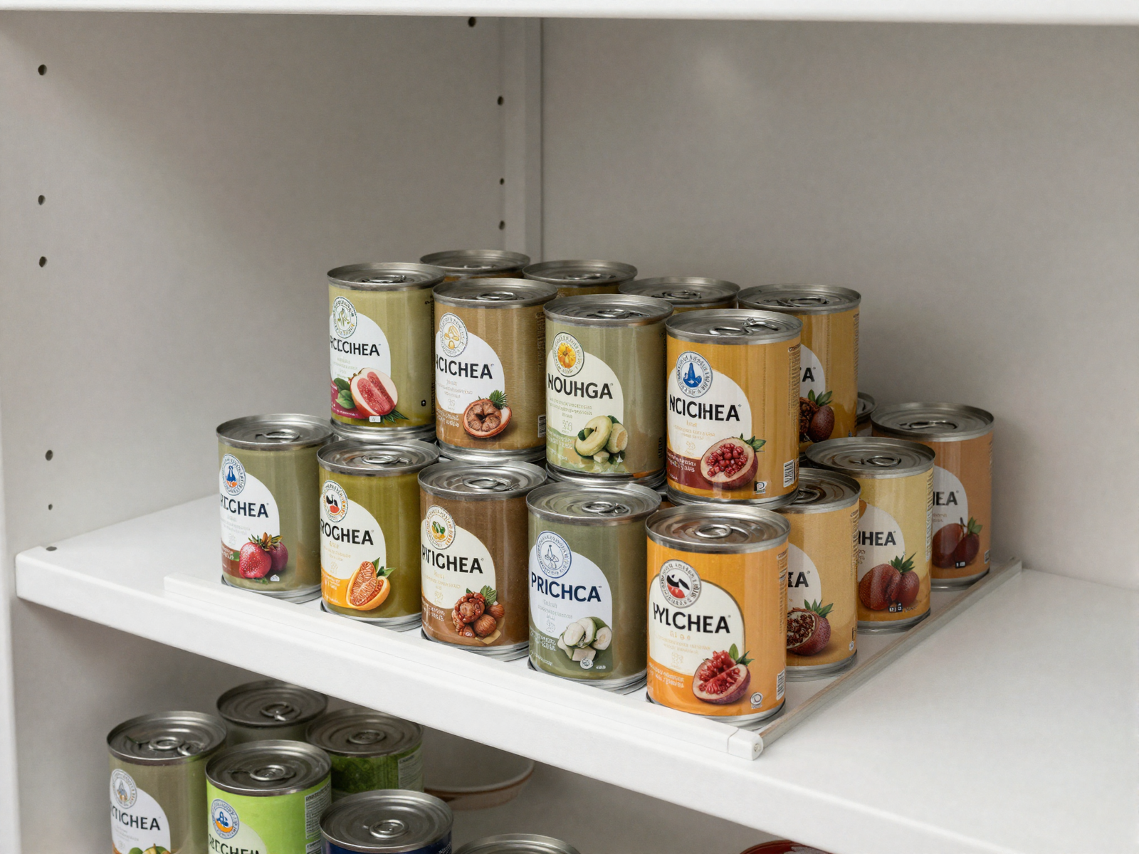 Stepped shelf riser displaying canned goods with visible labels