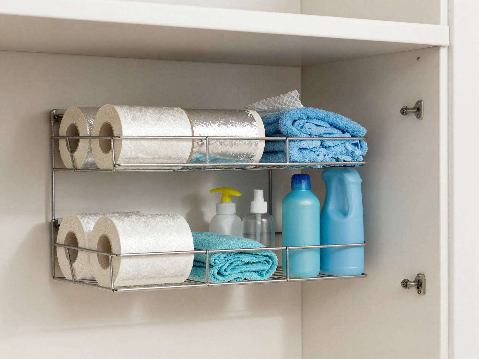Wire storage rack mounted on the back of a pantry door