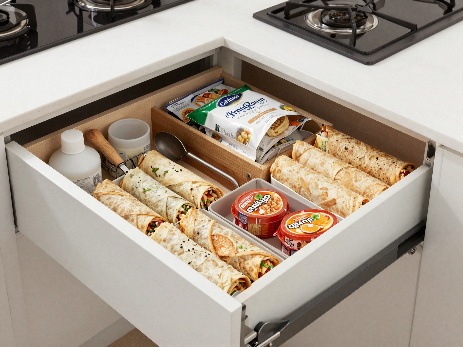 Kitchen drawer zoned into sections for prep tools and snack gear