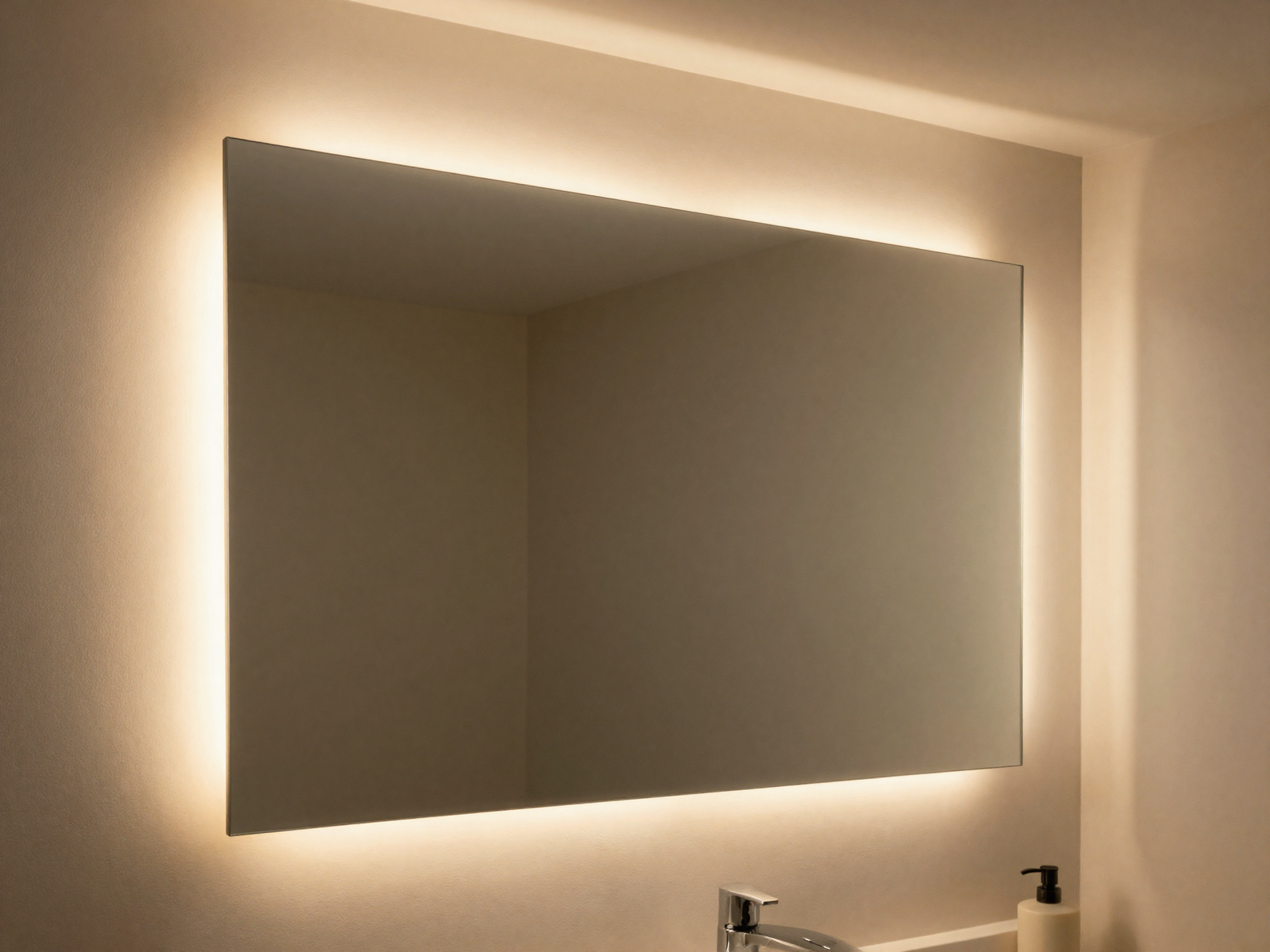 Warm LED strip lighting installed behind a bathroom mirror
