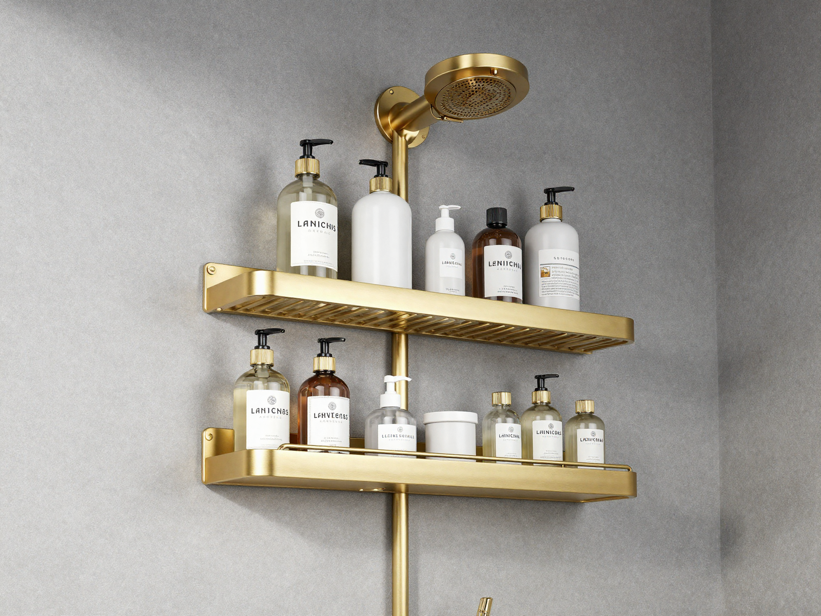 Brass suction shower caddy holding bottles on tile wall