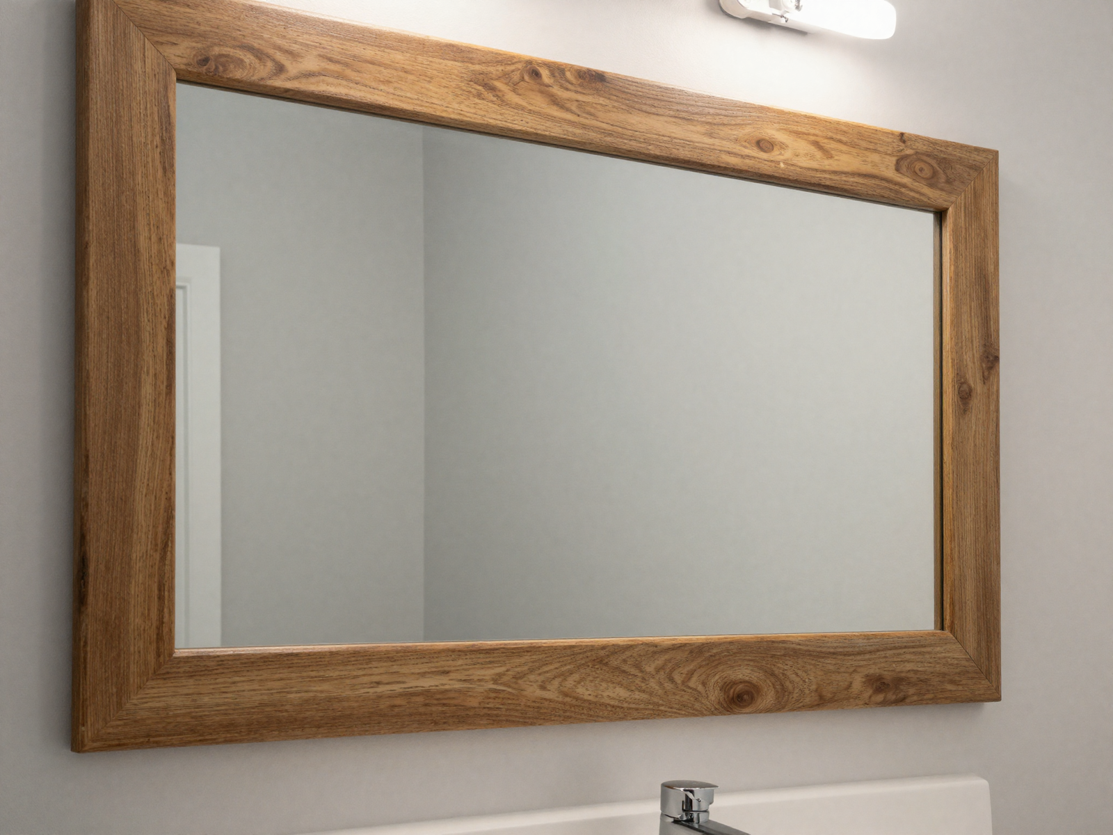 Builder-grade bathroom mirror upgraded with a peel-and-stick wood frame