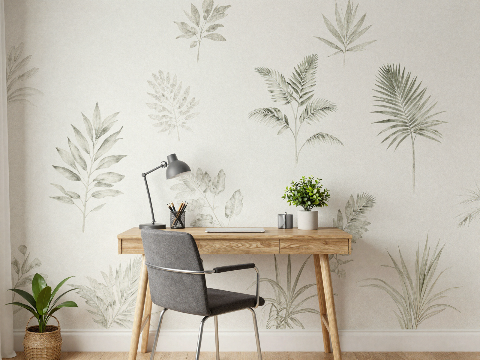 Botanical print removable wallpaper on a home office accent wall