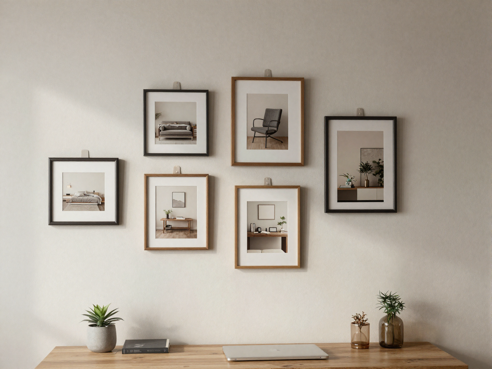 Small framed art gallery mounted with adhesive strips in a home office