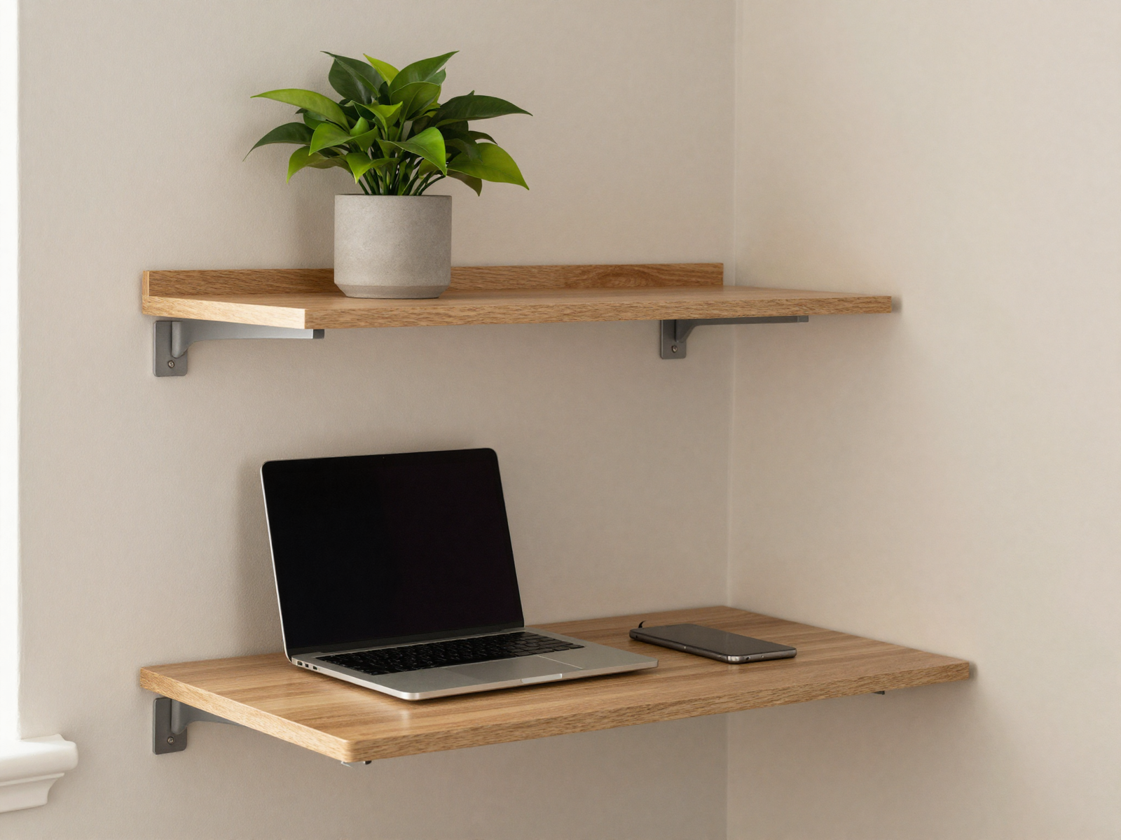 No-drill tension rod desk shelf holding a laptop in a home office corner