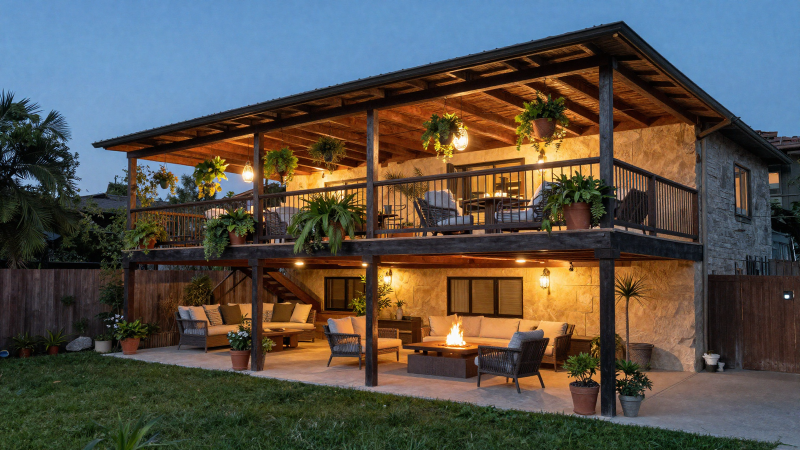 Sloped backyard with an elevated covered patio structure and fire pit beneath