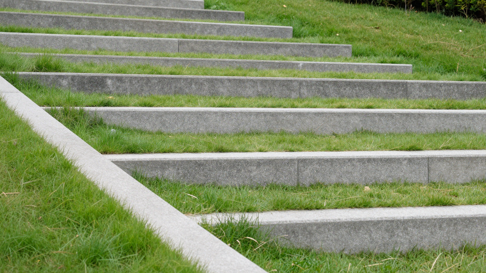 Concrete bands running horizontally across a sloped yard forming narrow terraced strips