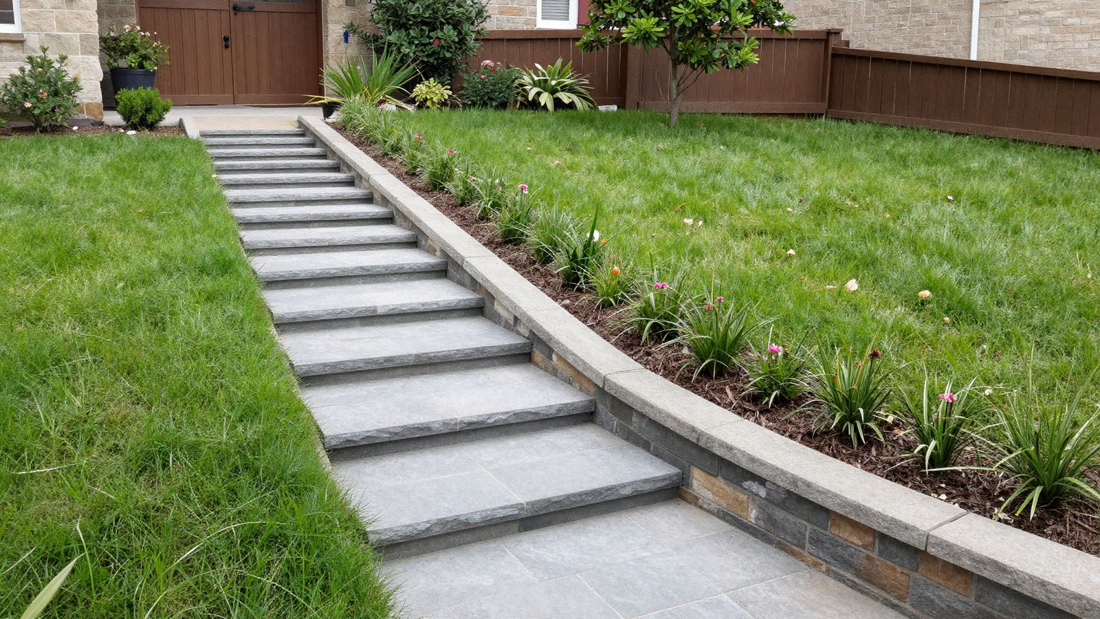 Sloped side yard with stepped stone pathway connecting front and backyard