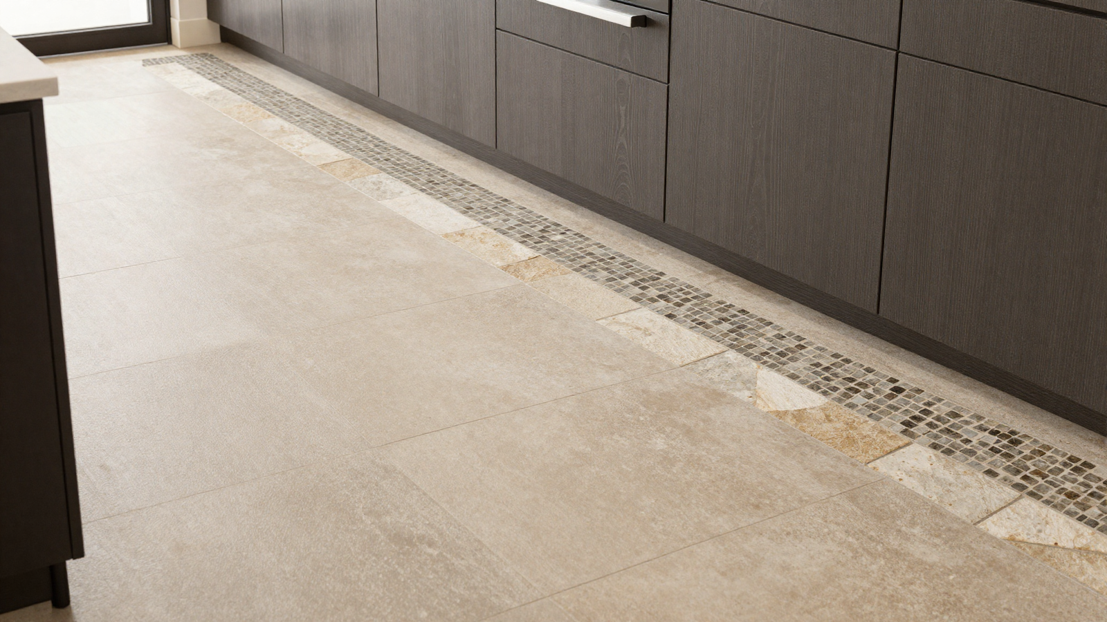 Kitchen with hand-finished textured mosaic tile floor accent strip in sand and stone tones