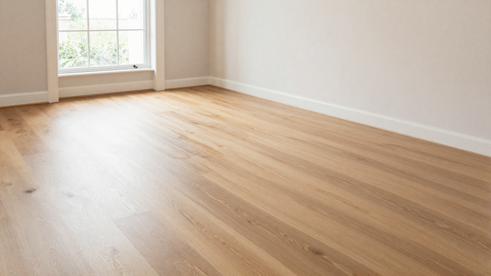 Living room with wide-plank light oak hardwood flooring in an airy elegant seamless look