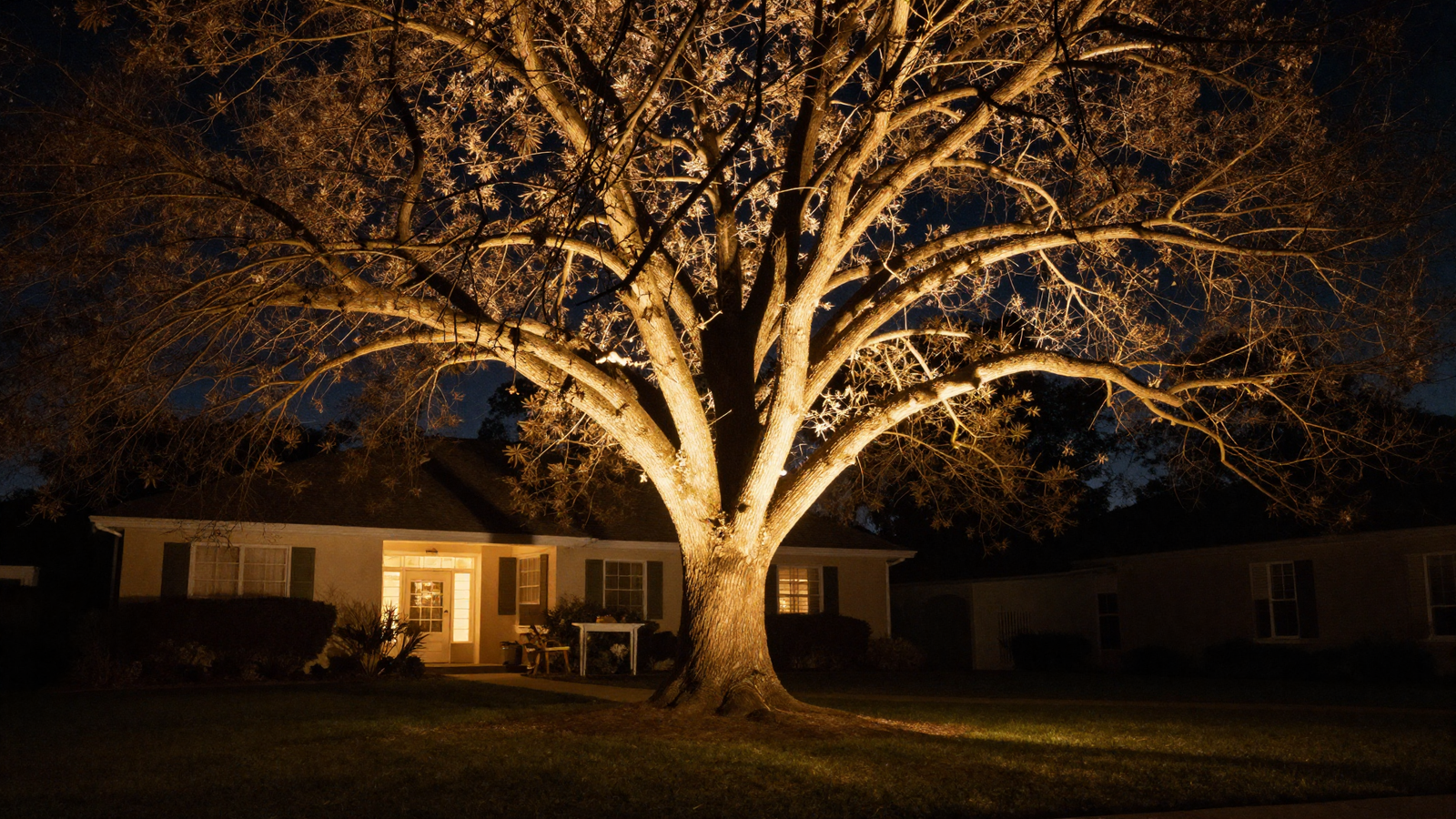 Warm uplighting on a large front yard tree at night with soft glow on the canopy
