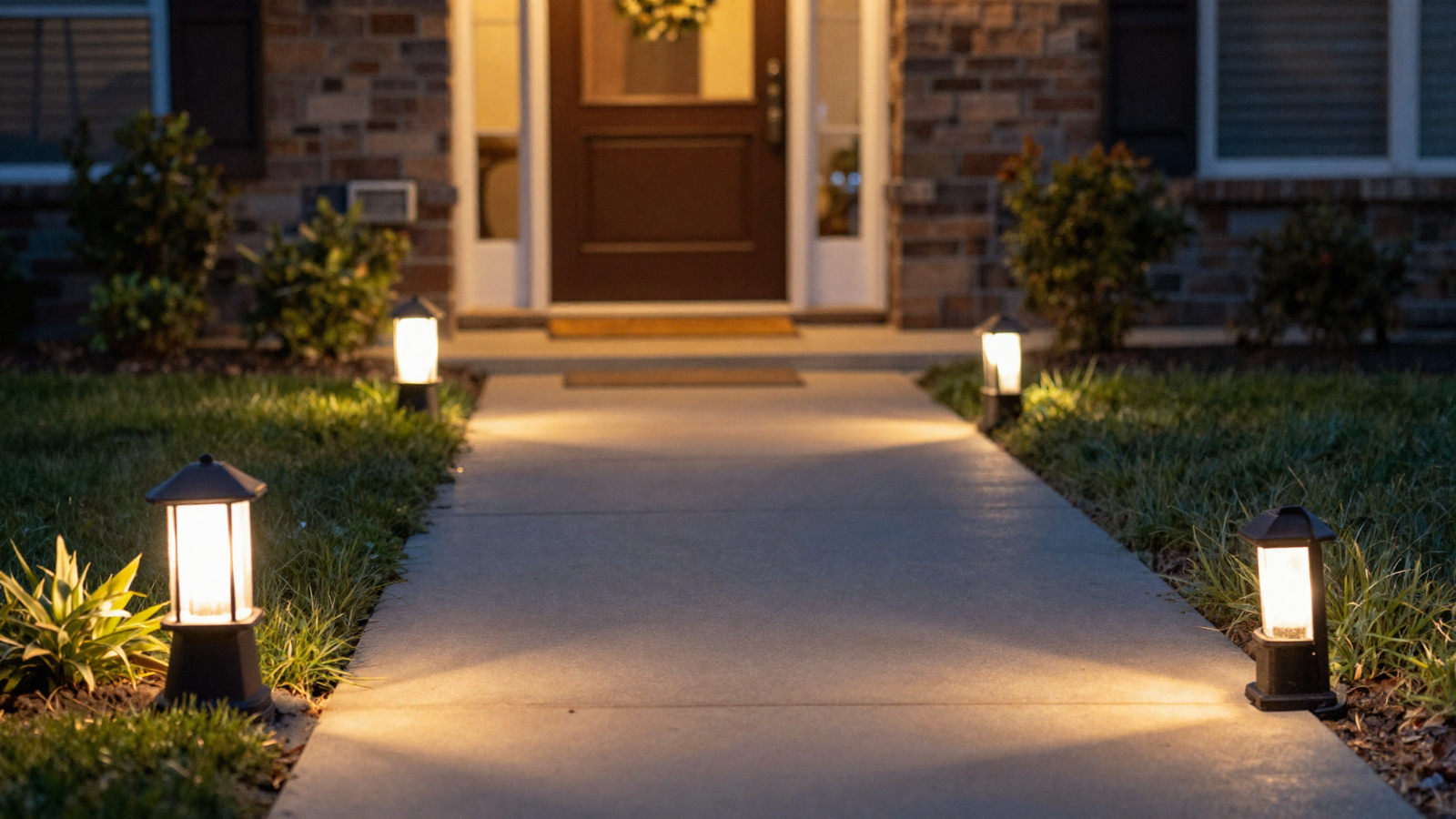 Low-level step lights illuminating a front walkway at night with warm glow