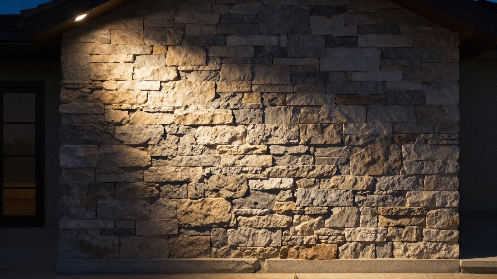 Spotlight highlighting a stone facade accent wall on a house exterior at night