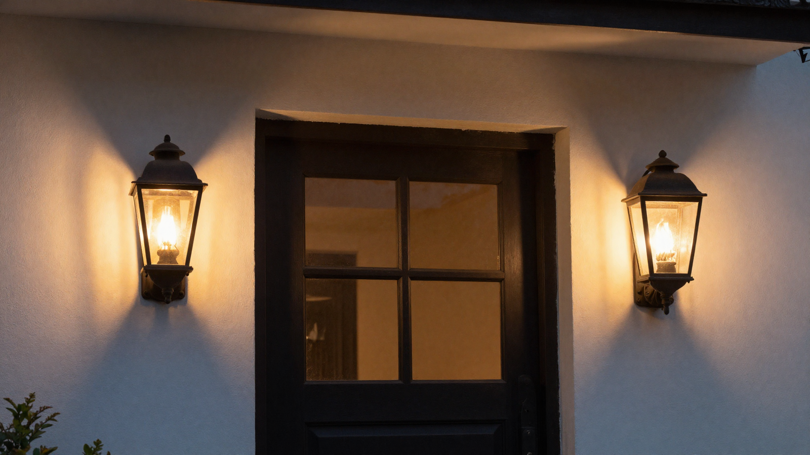 Gas lantern style light fixtures flanking a front door at night with warm glow