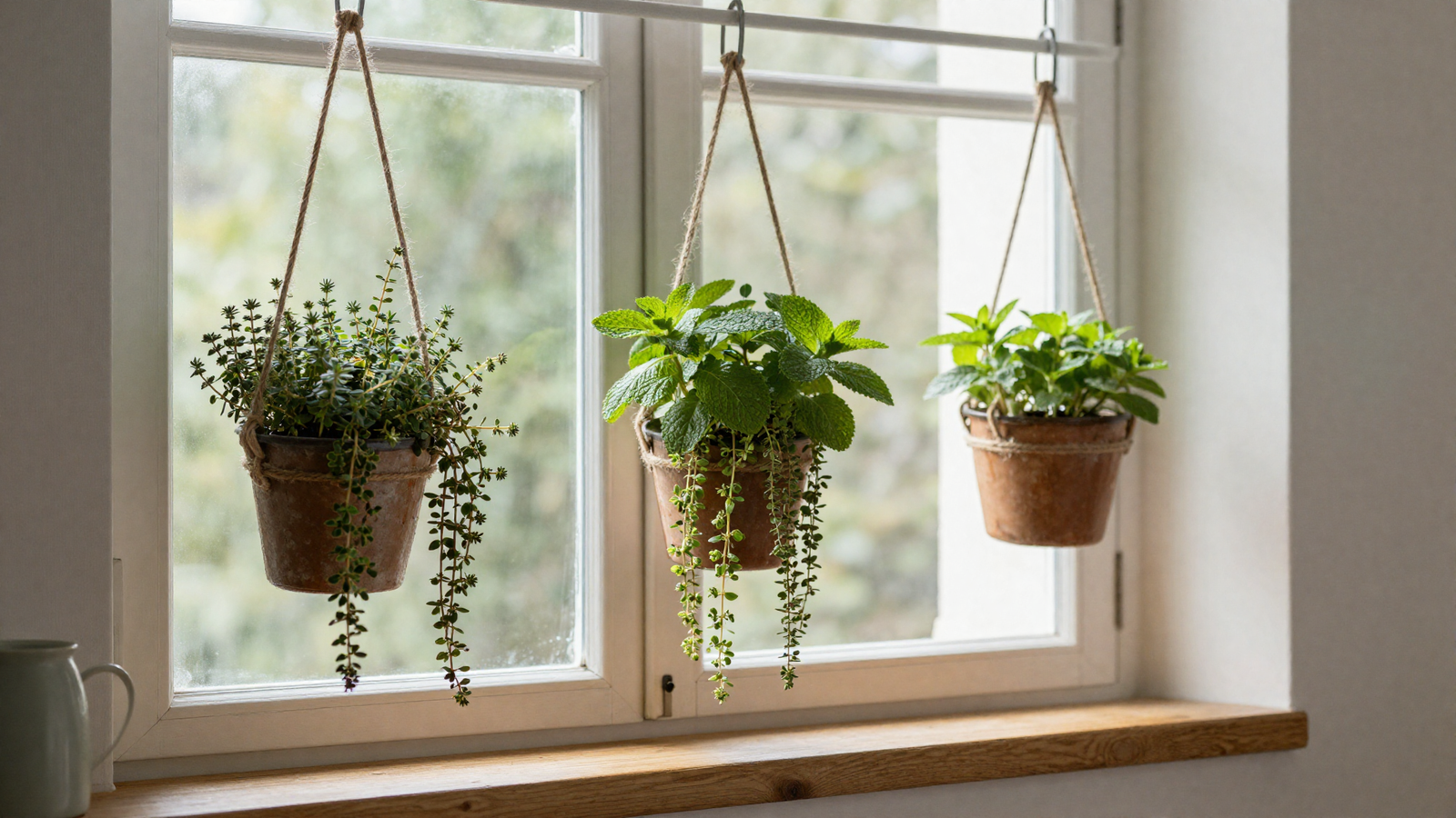 Kitchen window with hanging basket planters holding trailing thyme and mint on rustic twine