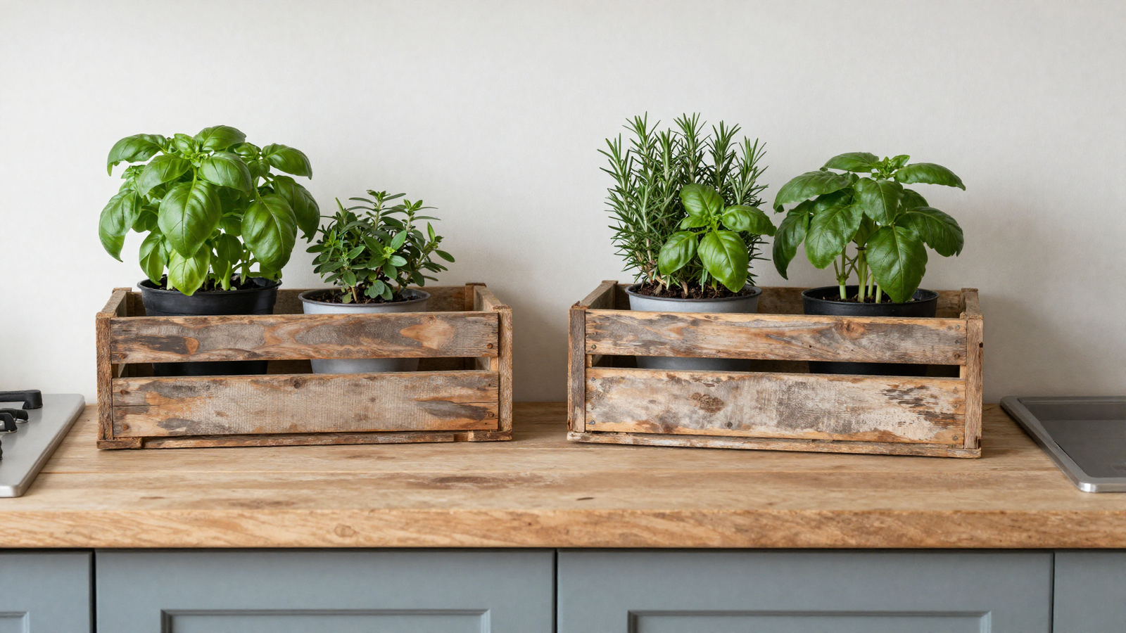 Kitchen countertop with reclaimed weathered wood crate holding small pots of basil and rosemary
