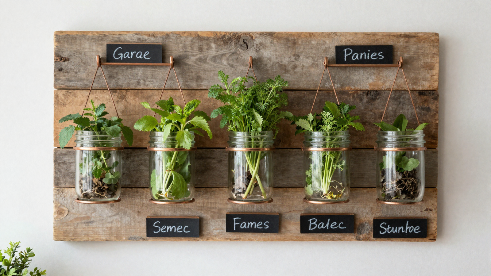 Kitchen wall with reclaimed wood plank holding mason jars on copper bands growing herbs with chalkboard labels