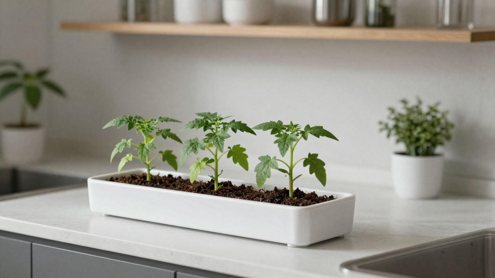Kitchen countertop with small hydroponic dwarf cherry tomato plant in white pot
