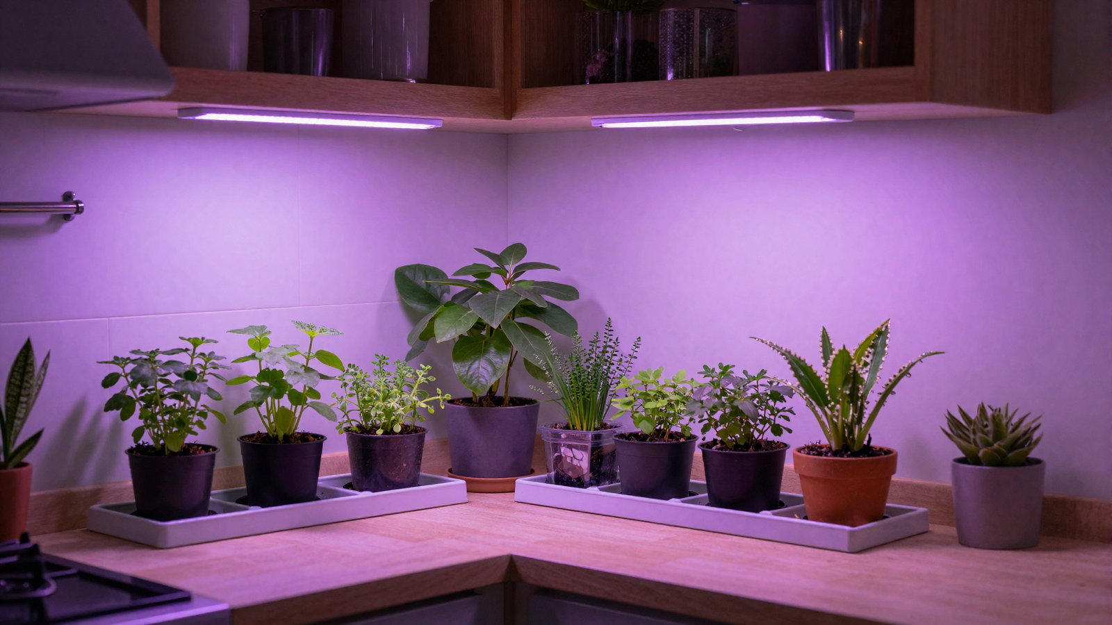 Dim kitchen corner with LED grow light strip illuminating small herb pots in purple-pink glow