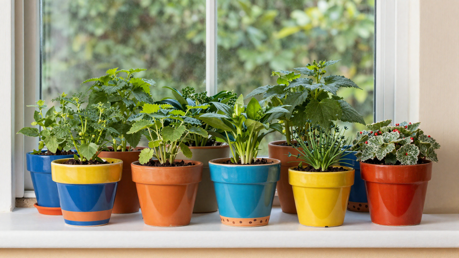 Kitchen windowsill with collection of bold colorful painted ceramic pots holding herbs