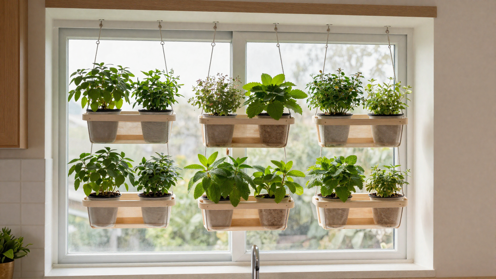 Kitchen window with tiered hanging planter system suspended at varying heights holding oregano and mint