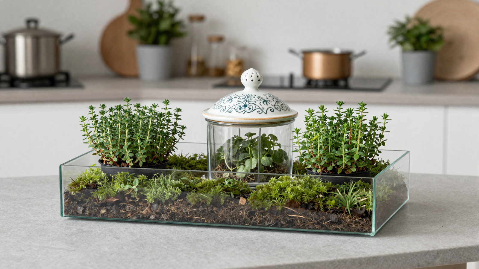 Kitchen counter with glass terrarium containing miniature thyme and moss in a decorative lidded container