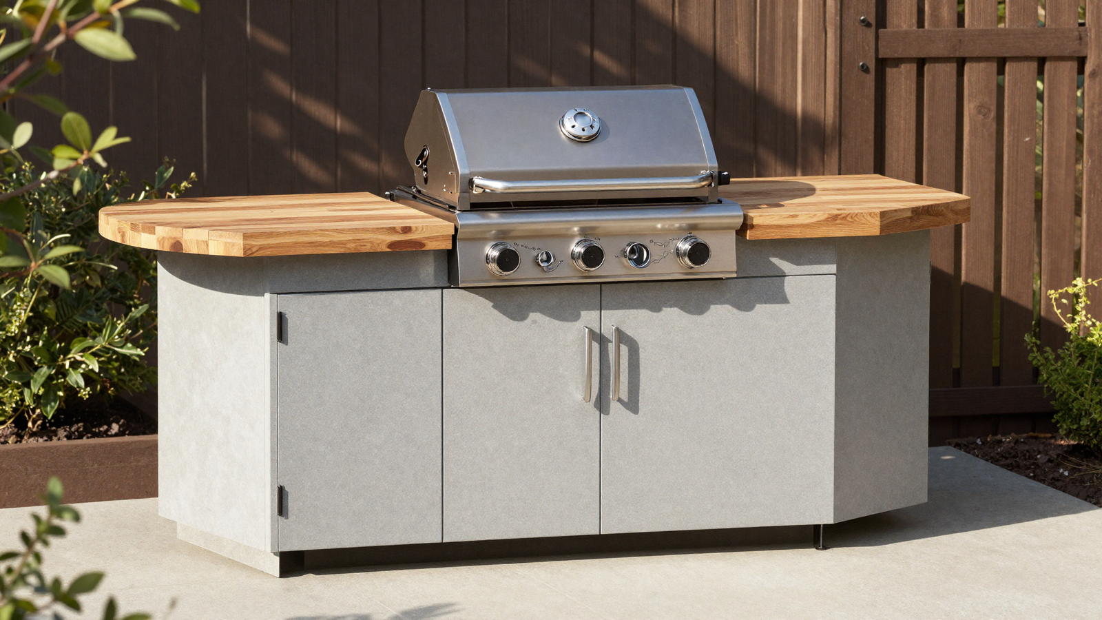 Compact built-in grill station with breeze-block base and chunky wood countertop