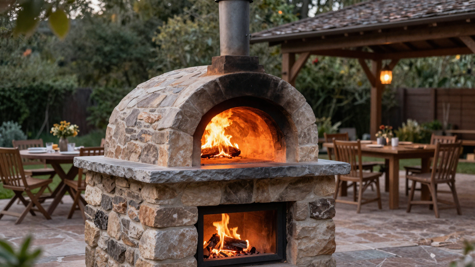 Wood-fired pizza oven built into a stone outdoor kitchen structure