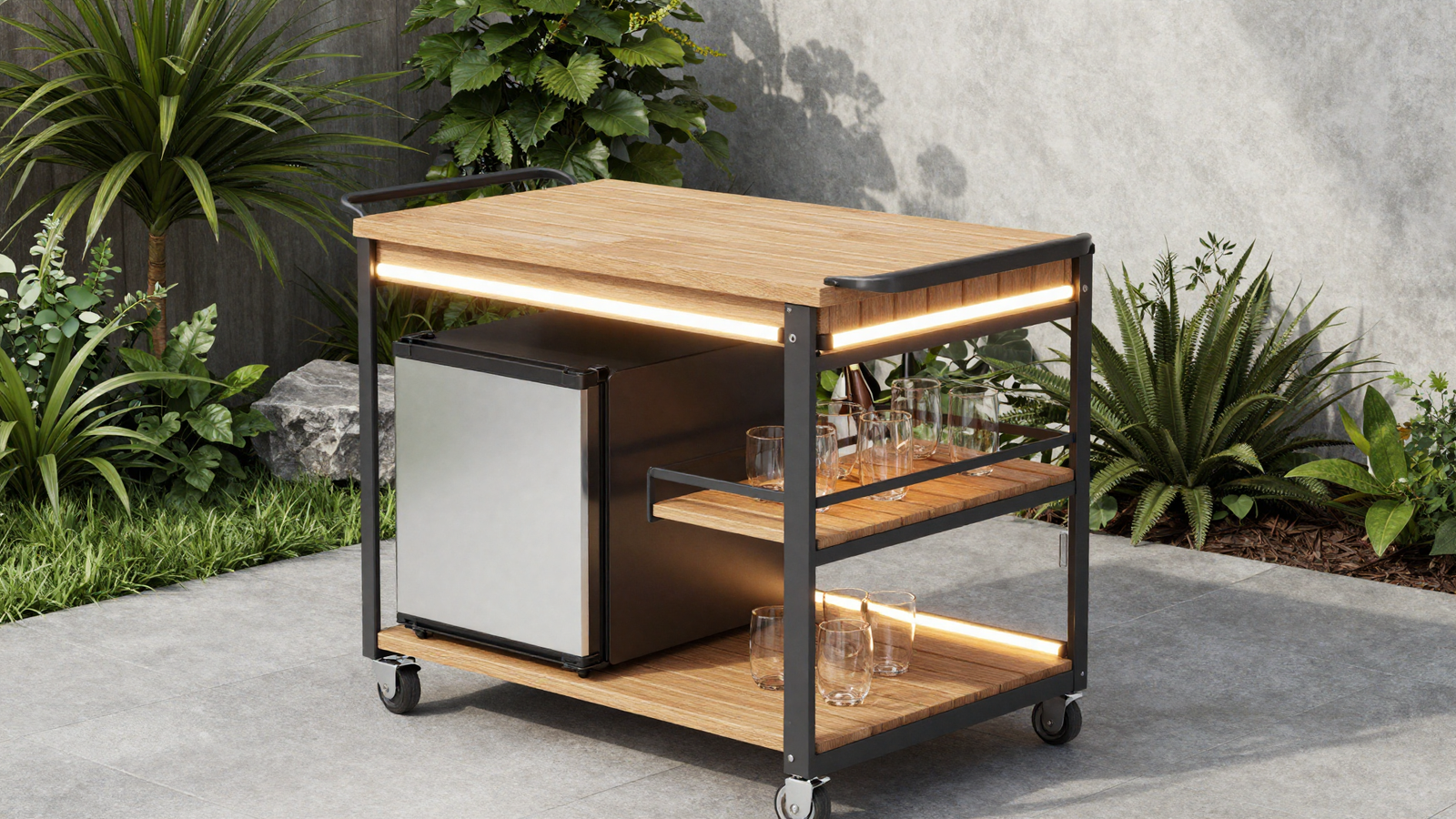 Compact outdoor bar cart with wood slats and integrated lighting on a patio corner