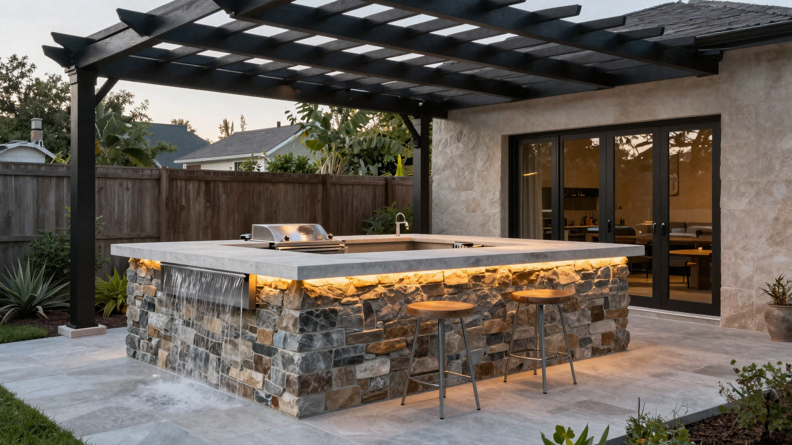 Full stone-wrapped outdoor kitchen island with subtle underlighting and waterfall countertop