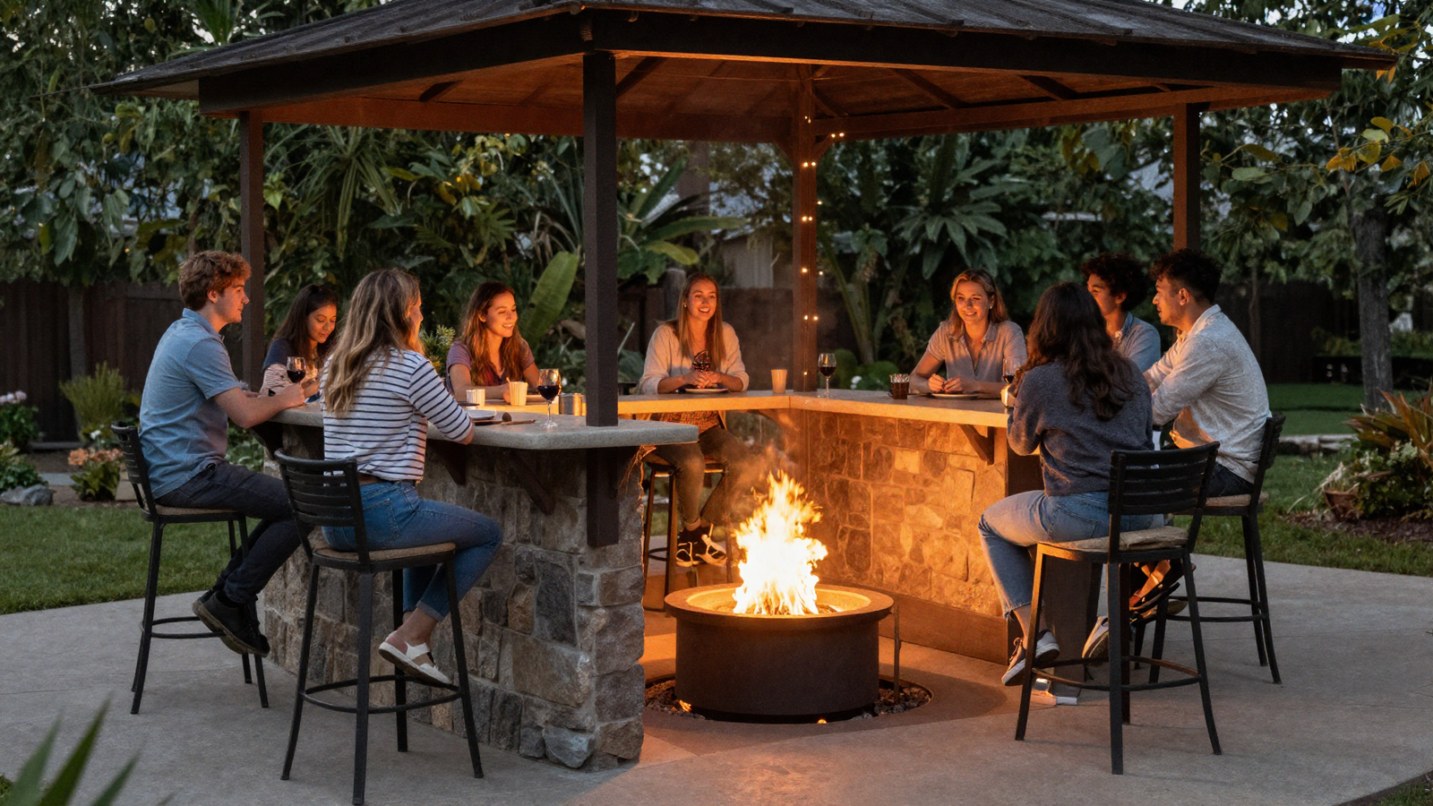 Cozy backyard bar seating near a fire pit with tall stools and warm firelight