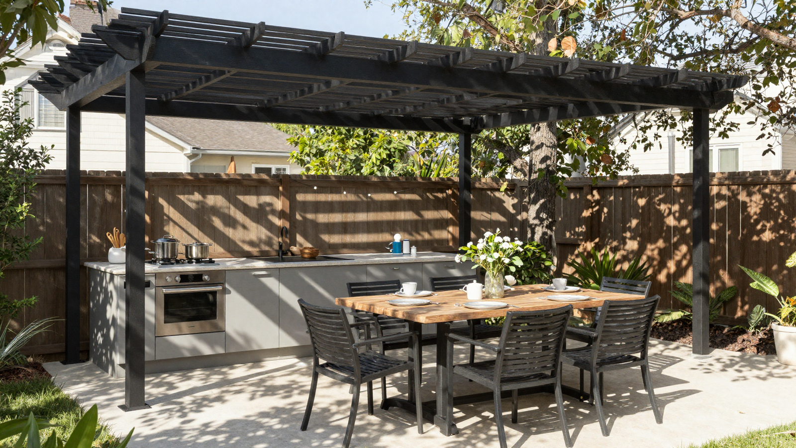 Backyard kitchen and dining table positioned side by side under a black slatted pergola