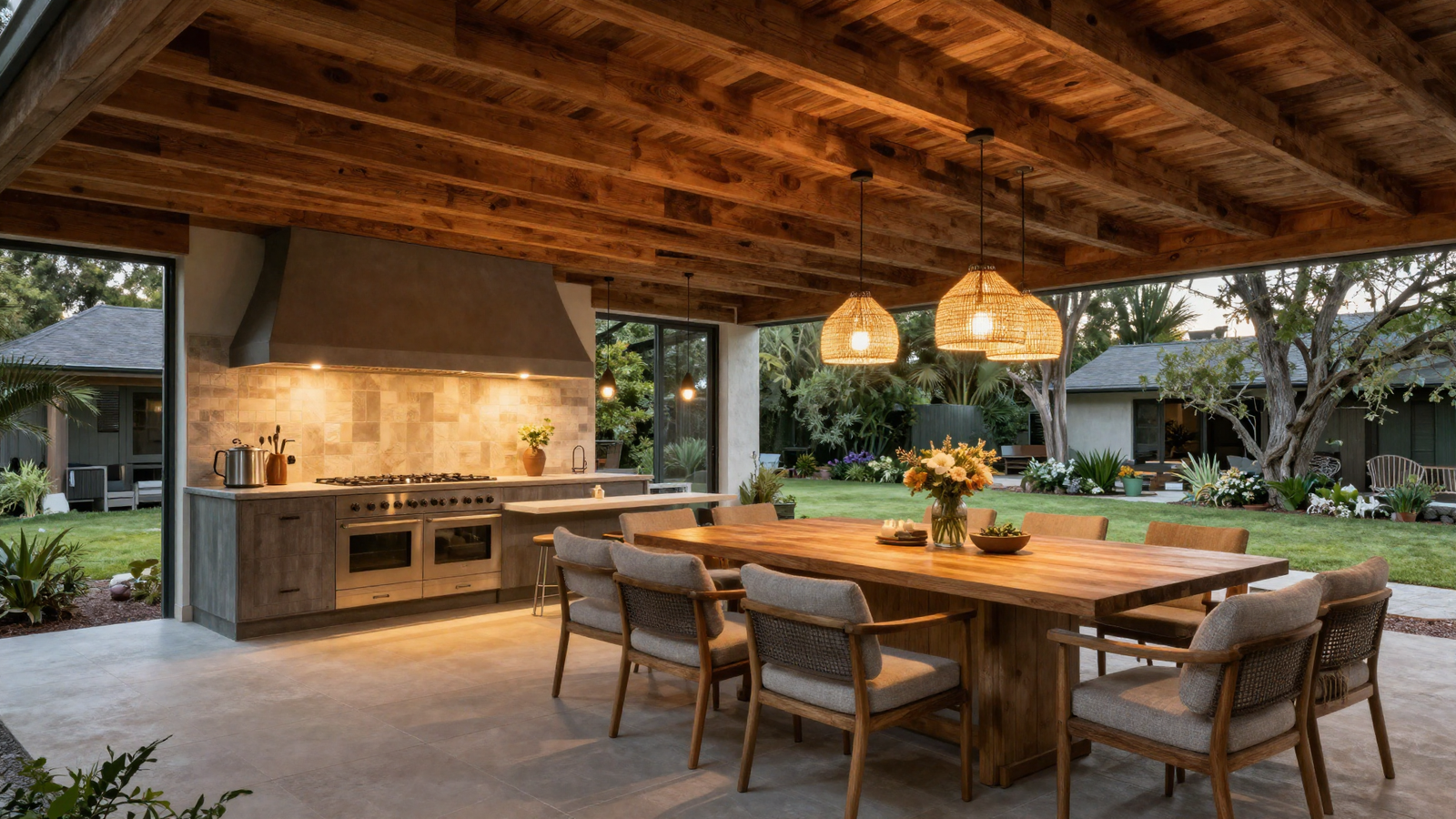 Fully sheltered outdoor kitchen with wood ceiling soft lounge seating and long dining table