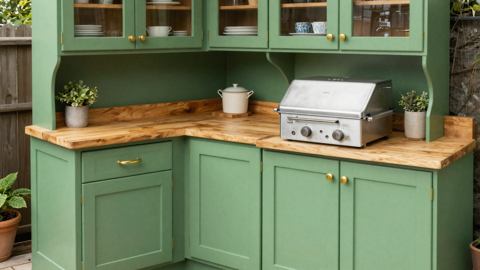 Colorful green painted outdoor kitchen cabinetry with brass hardware and warm wood countertop