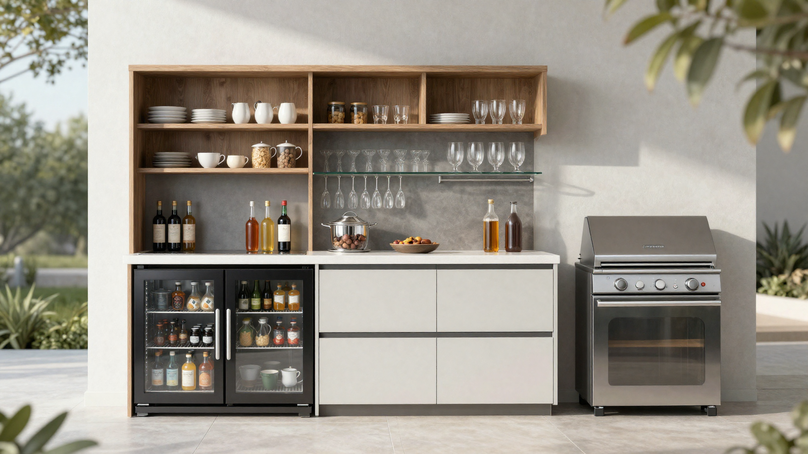 Built-in beverage station with drinks fridge and glassware shelving in an outdoor kitchen wall