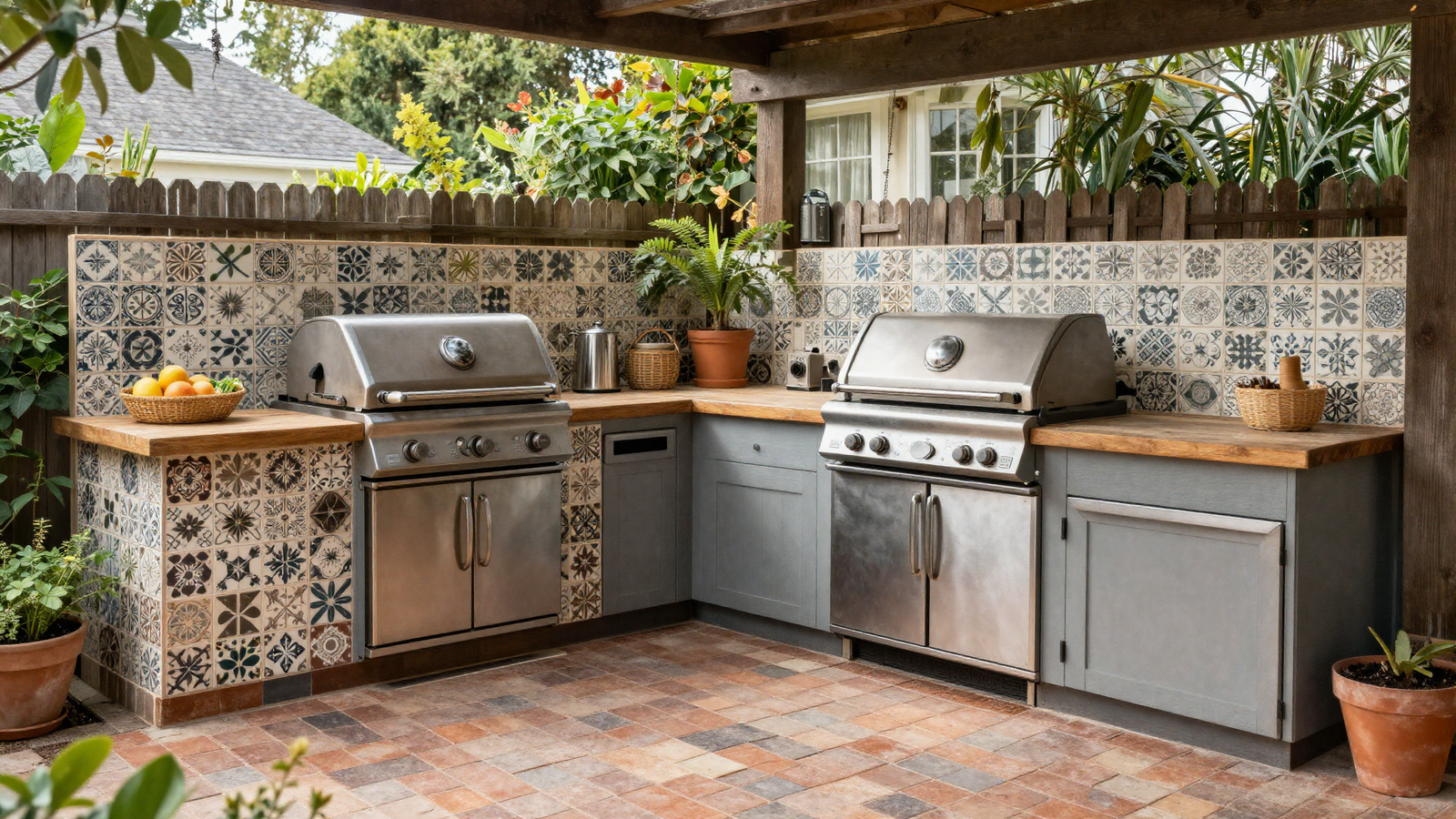 Backyard bistro-style outdoor kitchen with brick flooring and patterned tile backsplash