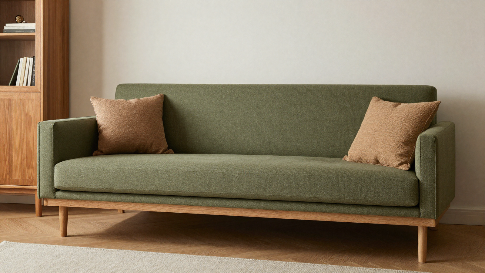 Living room with olive green upholstered sofa and warm wood furniture