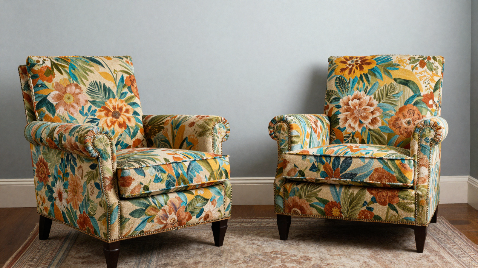 Living room with bold patterned upholstered armchair in vintage floral fabric
