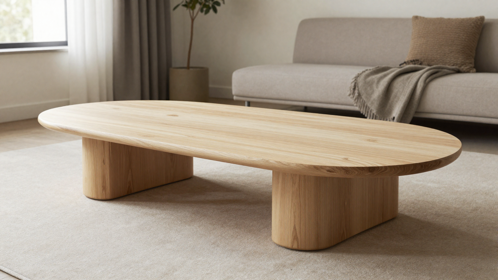 Living room with curved coffee table featuring soft rounded edges in light wood