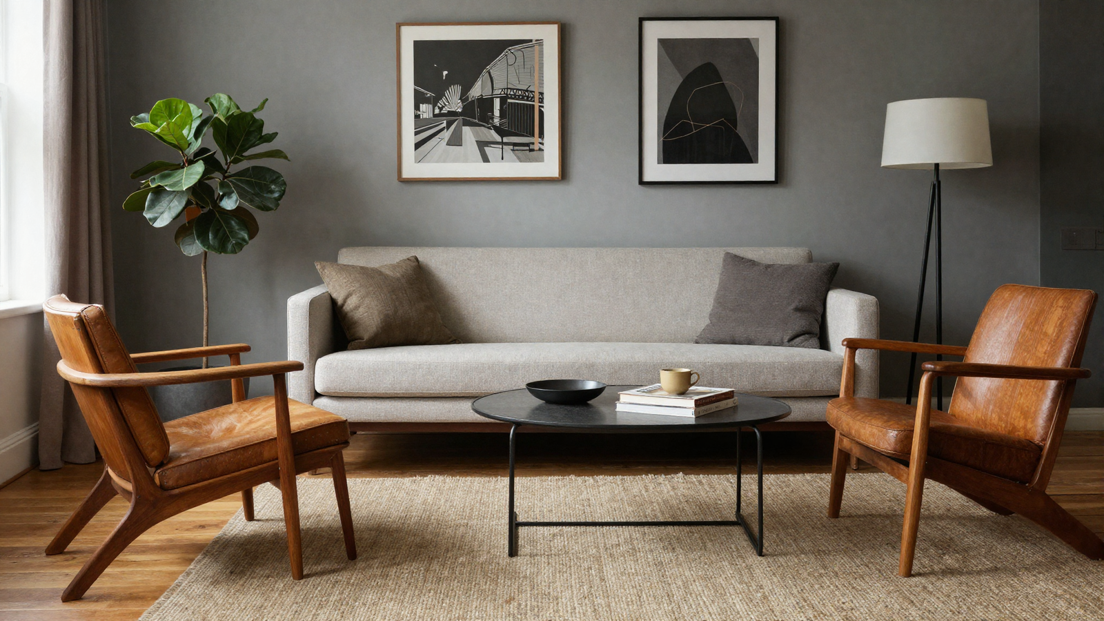 Living room mixing vintage thrifted wooden armchair with modern sleek sofa