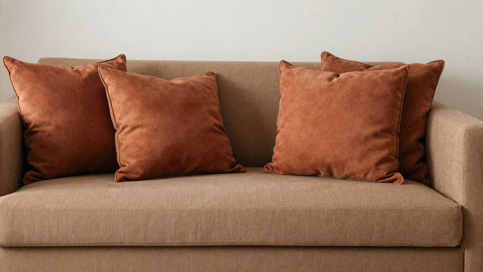 Living room sofa layered with terracotta and clay-toned throw pillows
