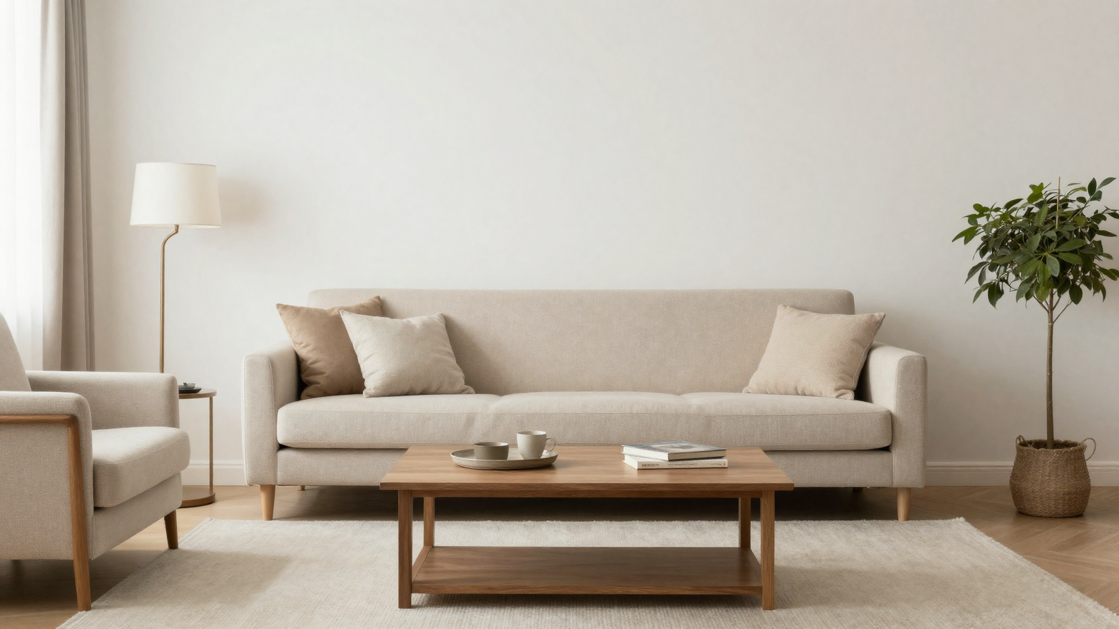 Living room with soft warm white walls rather than stark bright white