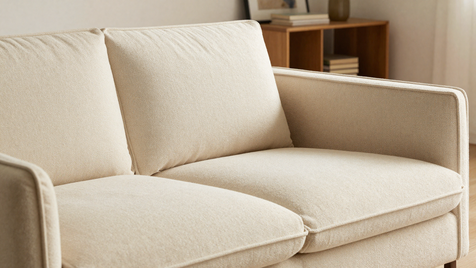 Living room with cream chenille textured sofa and soft tactile woven fabric