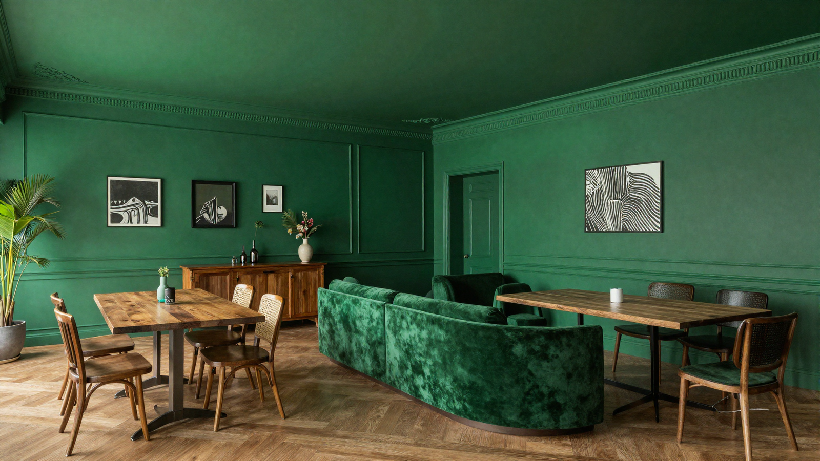 Open-plan dining and lounge area fully color-drenched in deep green tone