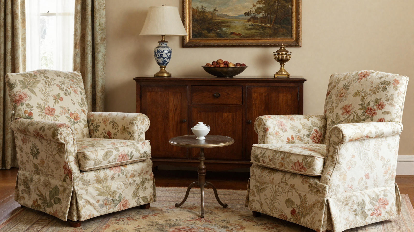 Charming living room with pair of skirted floral armchairs and romantic lived-in feel