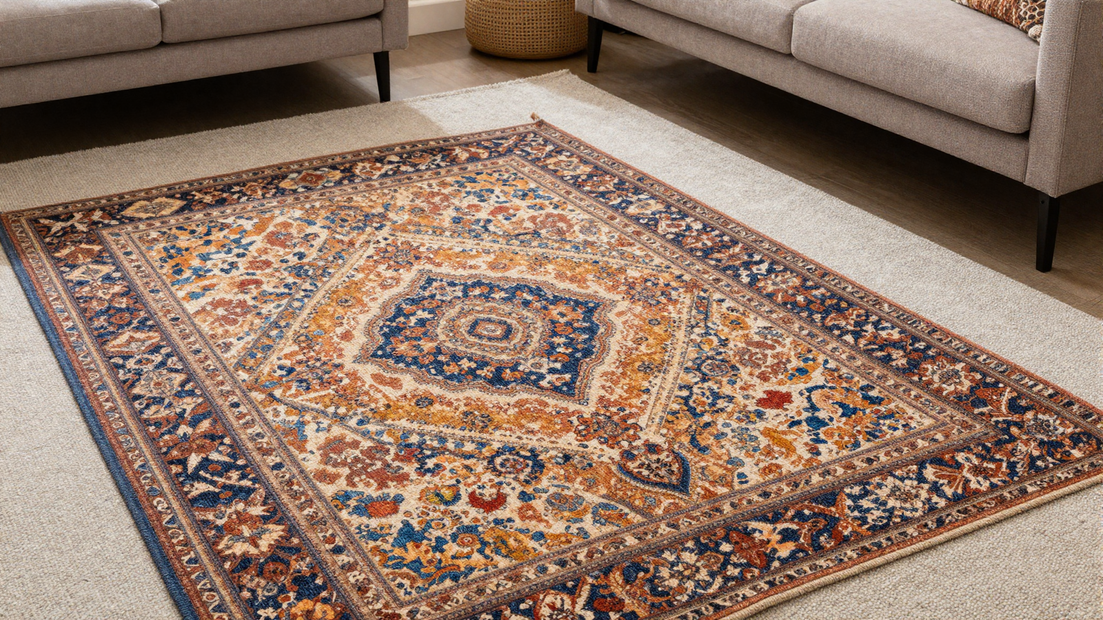 Living room floor with layered rugs featuring a bold patterned rug over a neutral base rug
