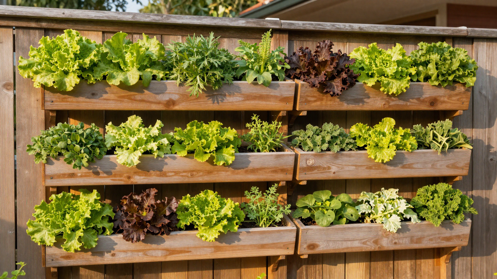 Vertical vegetable garden mounted on a wooden fence with tiered wall planters