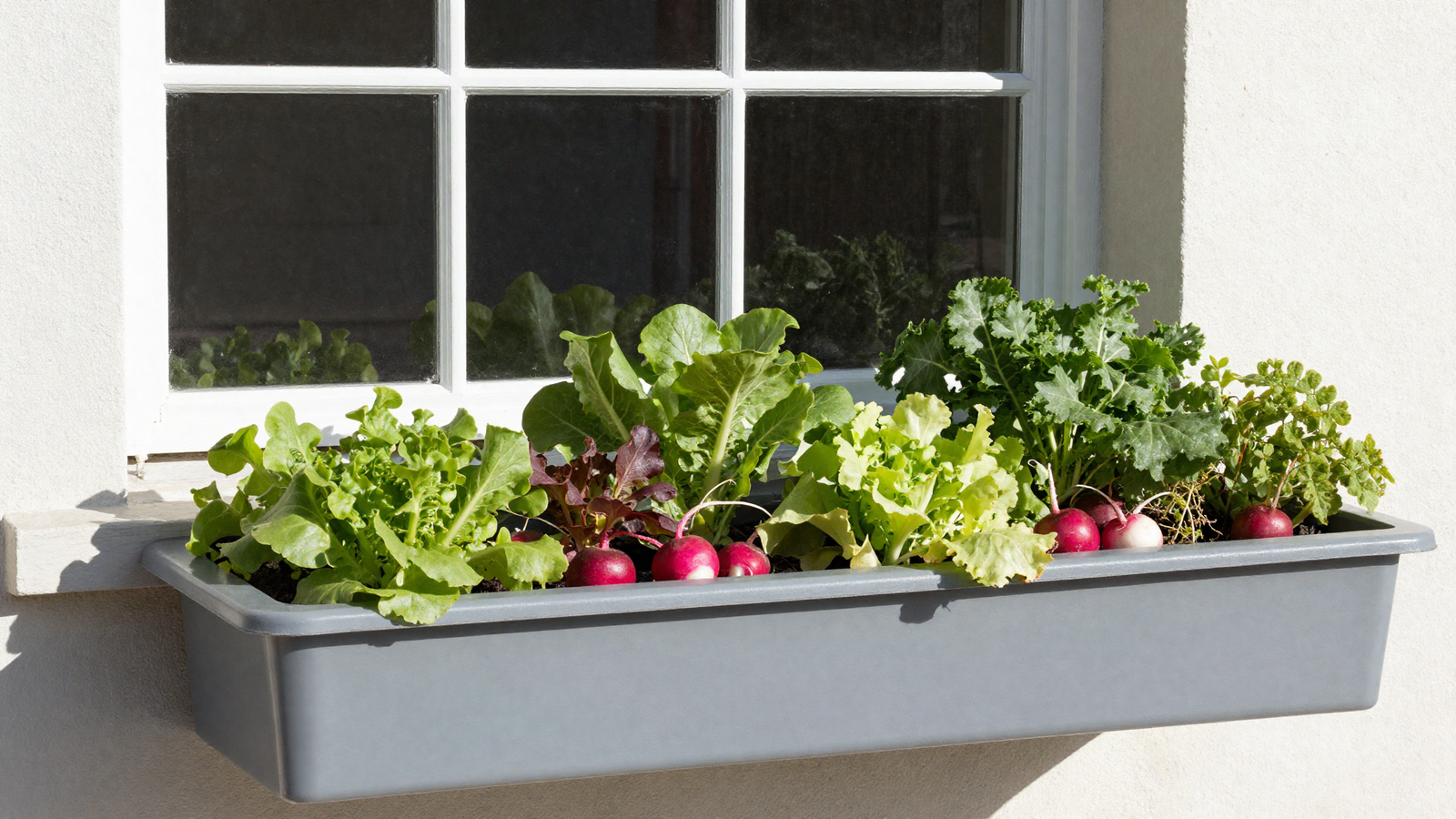 South-facing window box filled with mixed greens and radishes