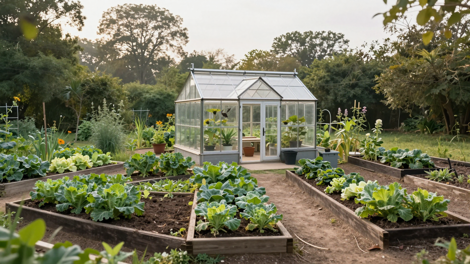 Small backyard vegetable garden with a glass greenhouse as the centerpiece and raised beds radiating outward